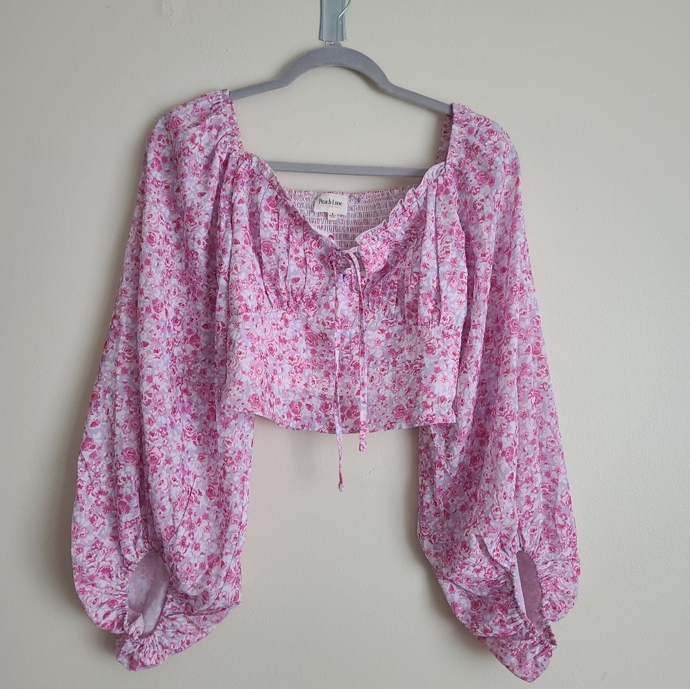 Peach Love California Floral Smocked Crop Top Pink Cottagecore Small